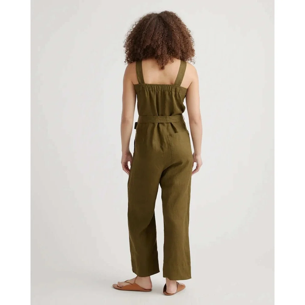 Quince 100% European Linen Square Neck Jumpsuit Martini Olive XL NWT